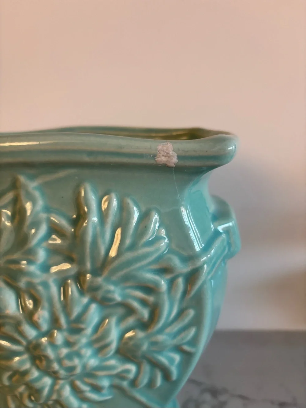 Vintage McCoy Pottery Turquoise Chrysanthemum Vase Art Deco Handles 1950s 7